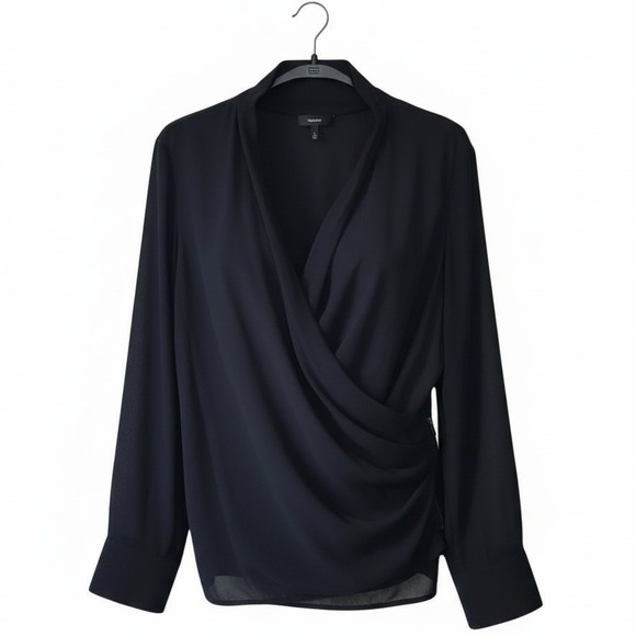 E3 ETCETERA Black Draped Faux Wrap Long Sleeve Blouse Women Size 4 Top Cocktail - Picture 2 of 7